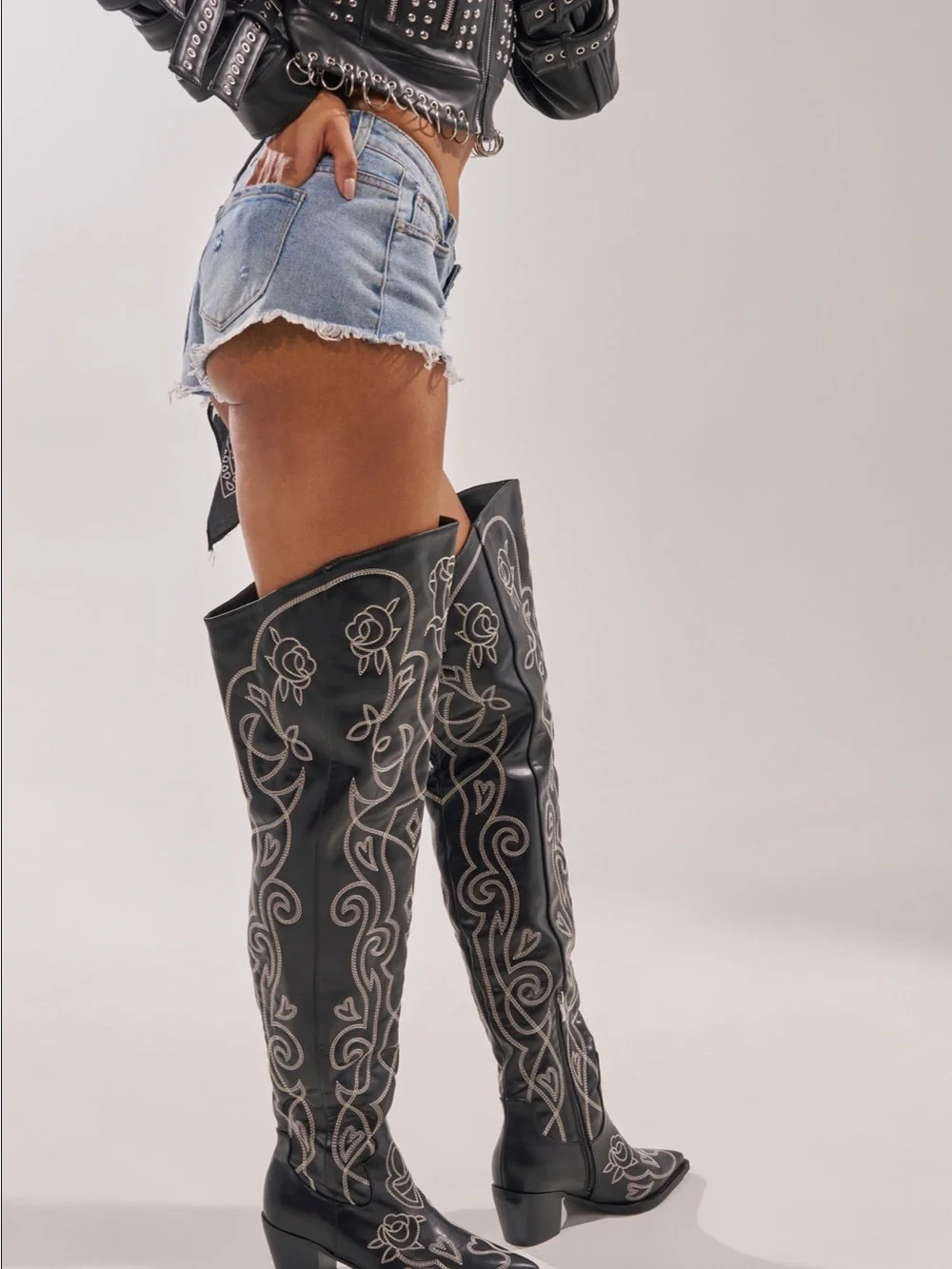 Black Embroidered Over-the-Knee Western Boot
